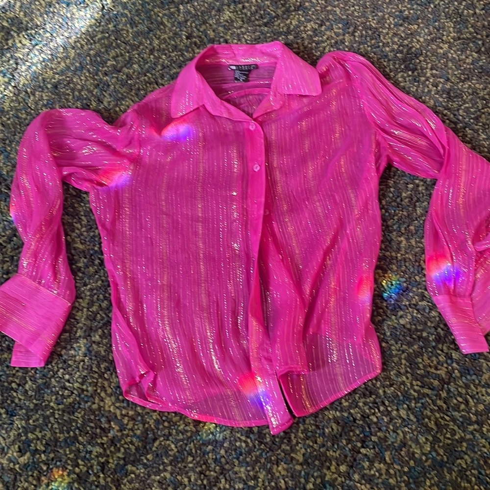Carole Little hot pink sparkly sheer collared shirt